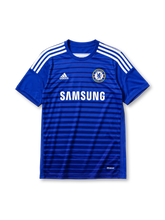 Chelsea 2014-15 home jersey, front view, blue body with tonal navy horizontal stripe pattern, blue crew-neck collar, white adidas logo and stripes, Chelsea crest with lion, white Samsung sponsor logo, climacool wordmark near hem