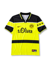 Borussia Dortmund 1997 home jersey, front view, yellow body with black shoulder yoke and waist band, black polo-style collar, orange Nike swoosh, BVB 09 crest, three black stars on sleeve, black s.Oliver sponsor logo
