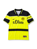 Borussia Dortmund 1997 home jersey, front view, yellow body with black shoulder yoke and waist band, black polo-style collar, orange Nike swoosh, BVB 09 crest, three black stars on sleeve, black s.Oliver sponsor logo
