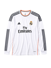 Real Madrid 2013-14 white home long-sleeve retro football jersey with Fly Emirates sponsor