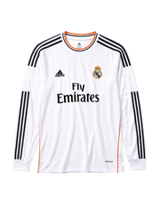 Real Madrid 2013-14 white home long-sleeve retro football jersey with Fly Emirates sponsor