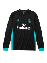 Real Madrid 2017-18 black away long-sleeve retro football jersey with Fly Emirates sponsor