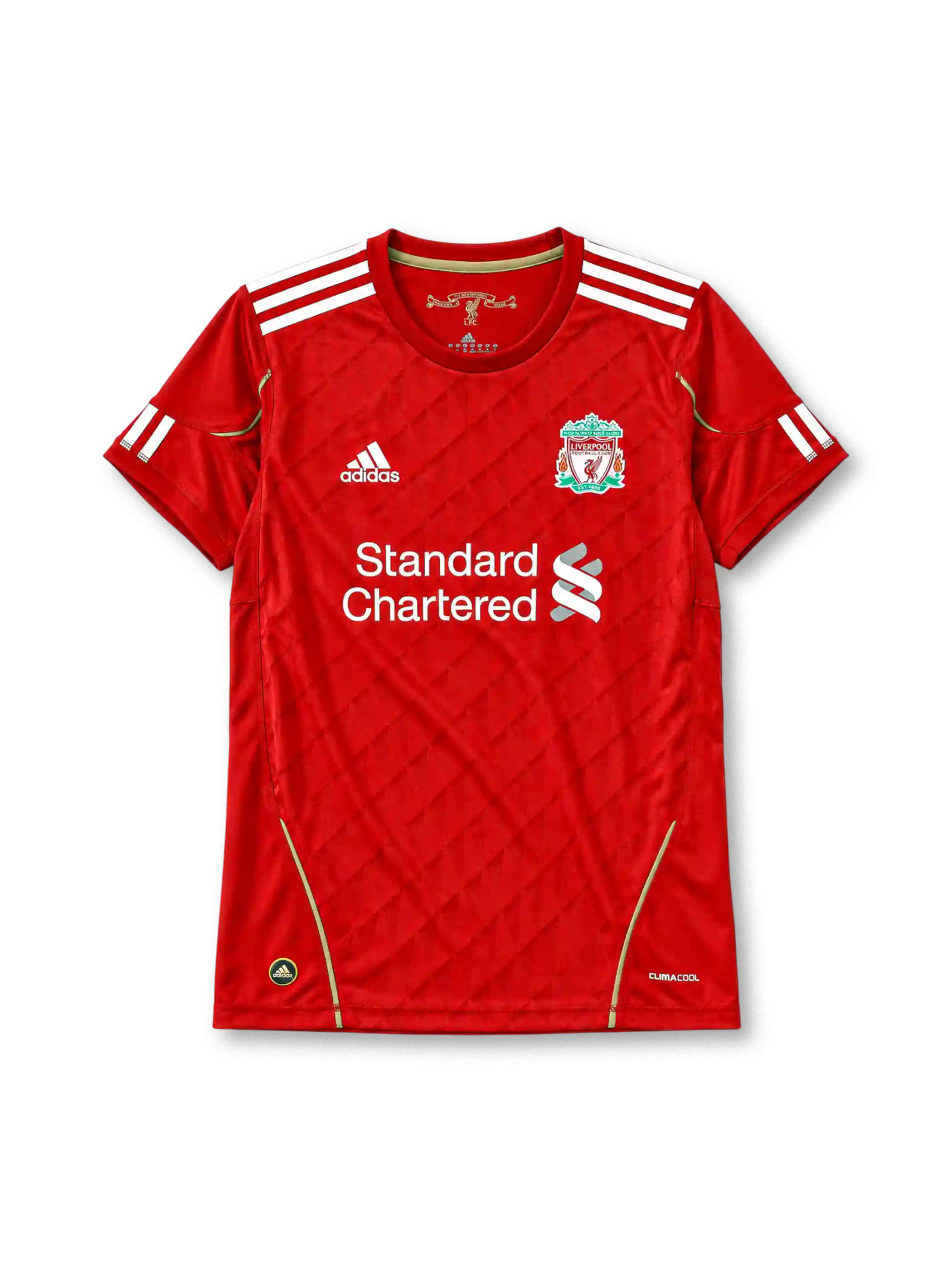 Liverpool 2010/11 home football jersey by Adidas with Standard Chartered sponsor logo