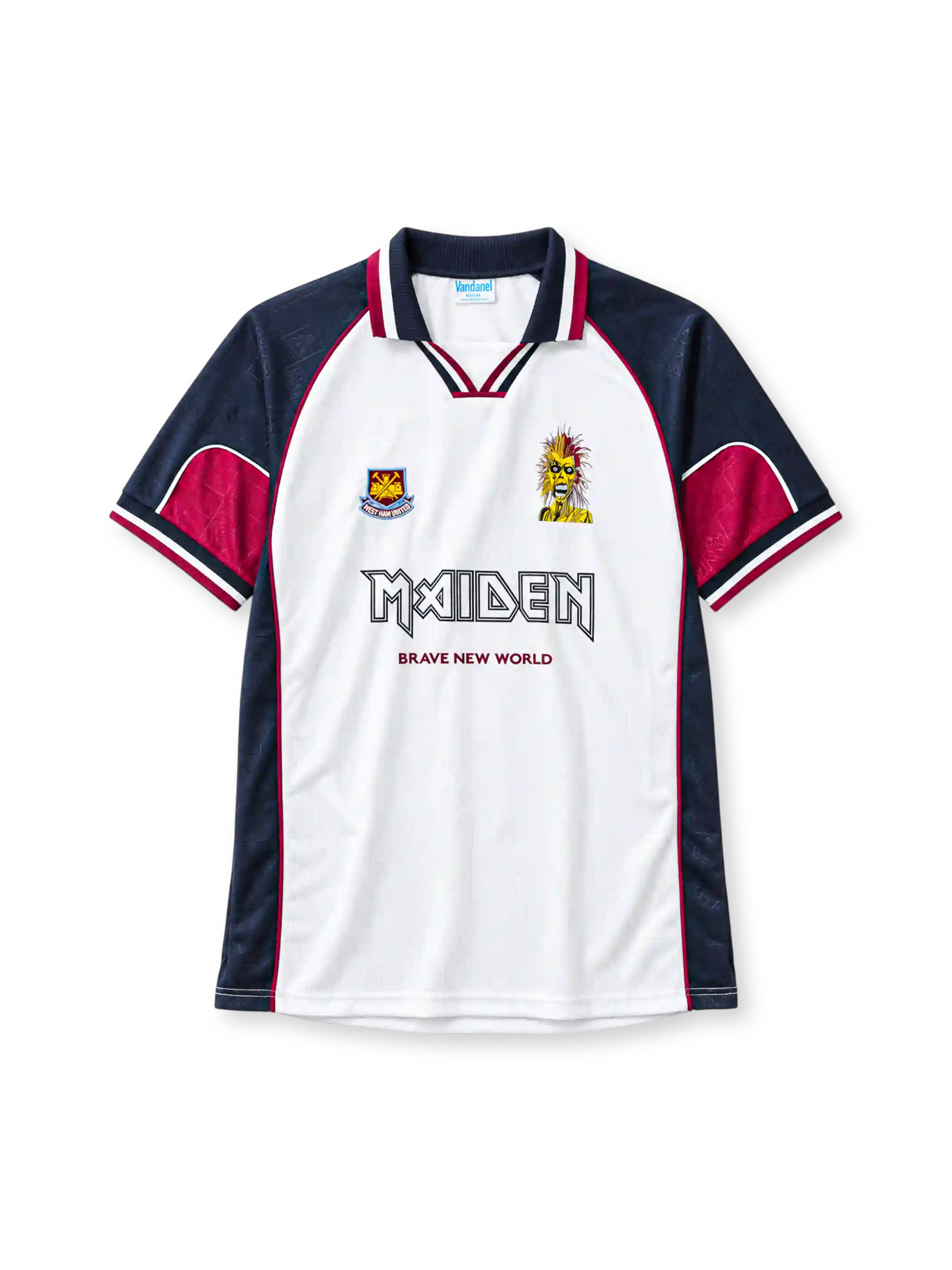 West Ham United 1999 away football jersey by Vandanel with Iron Maiden Brave New World branding