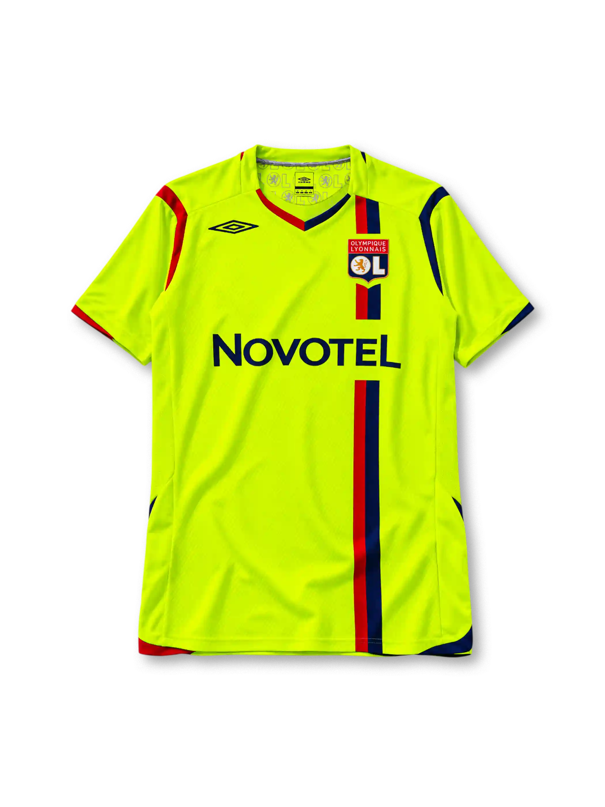 Olympique Lyonnais 2008-09 third jersey Umbro front view yellow navy stripe