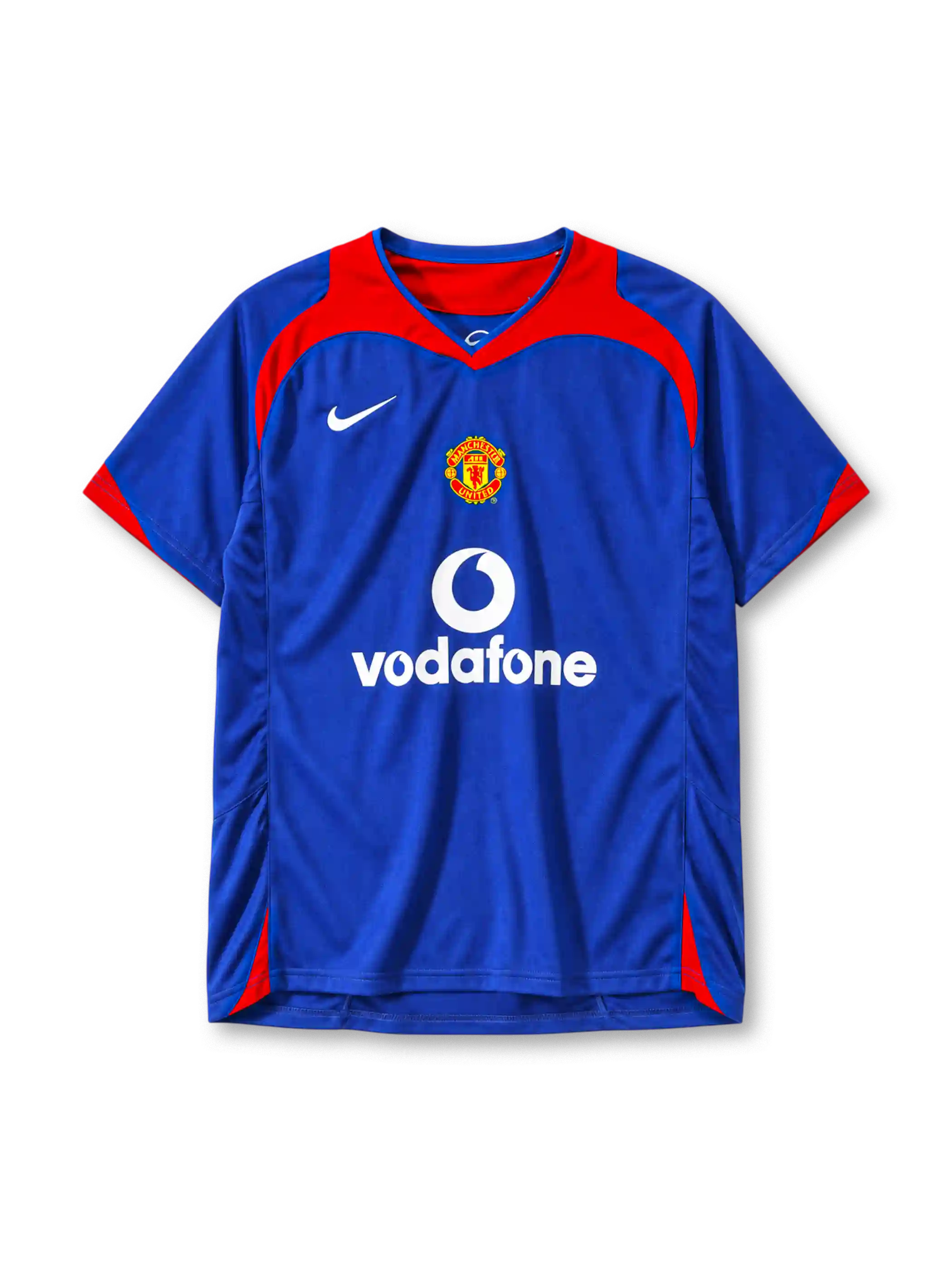 Manchester United 2005-06 away jersey Nike front view blue red yoke