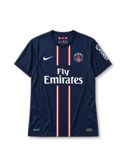 Paris Saint-Germain 2012-13 home jersey in navy with Fly Emirates sponsor and red-white center stripes