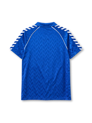 Real Madrid 1986-87 away jersey in blue with Parmalat sponsor and Hummel chevron pattern