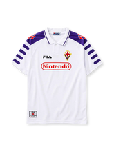 ACF Fiorentina 1998-99 away jersey in white with Nintendo sponsor and purple fleur-de-lis shoulder panels