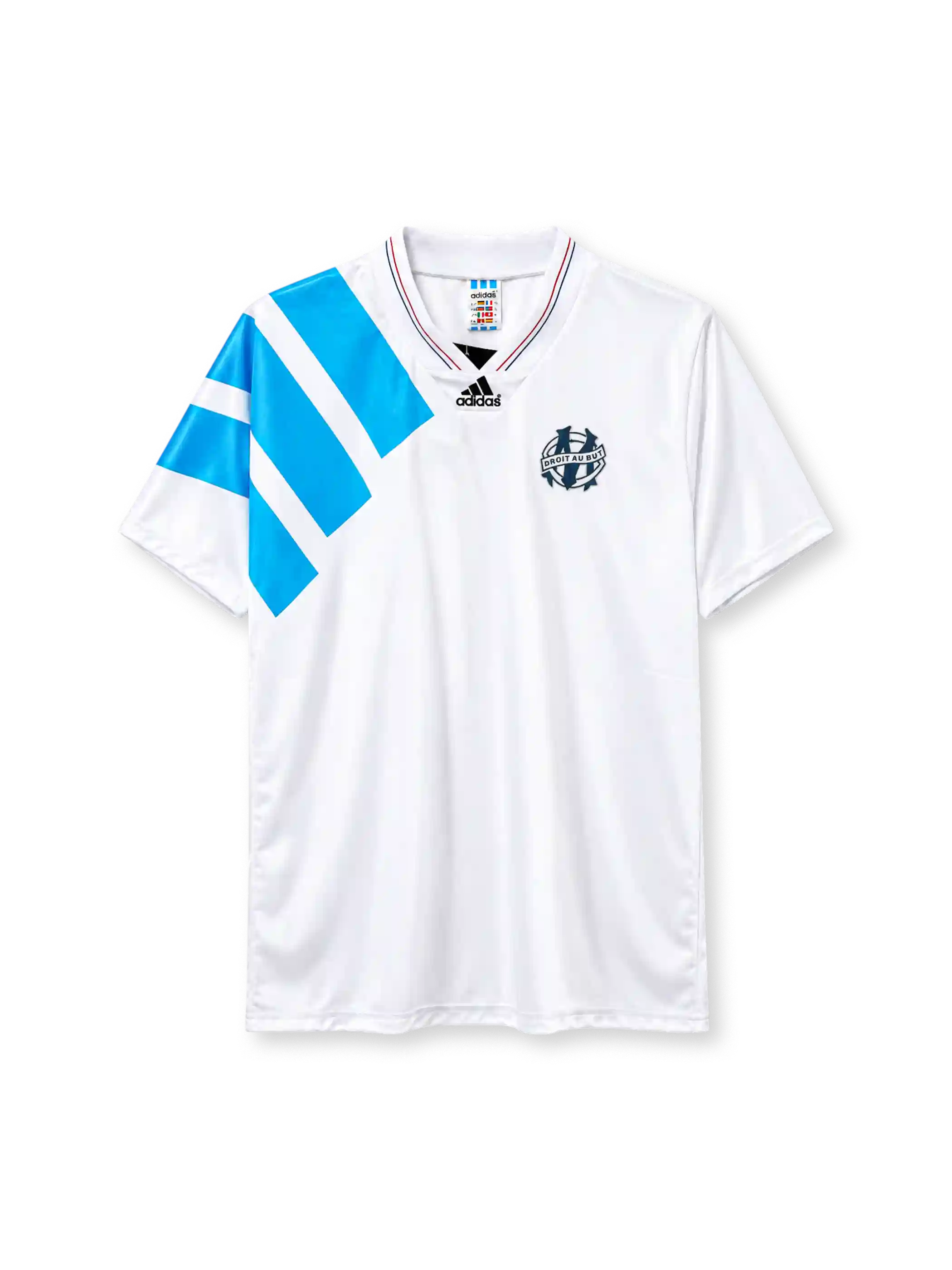 Olympique Marseille 1992-93 home jersey adidas front view white blue panel
