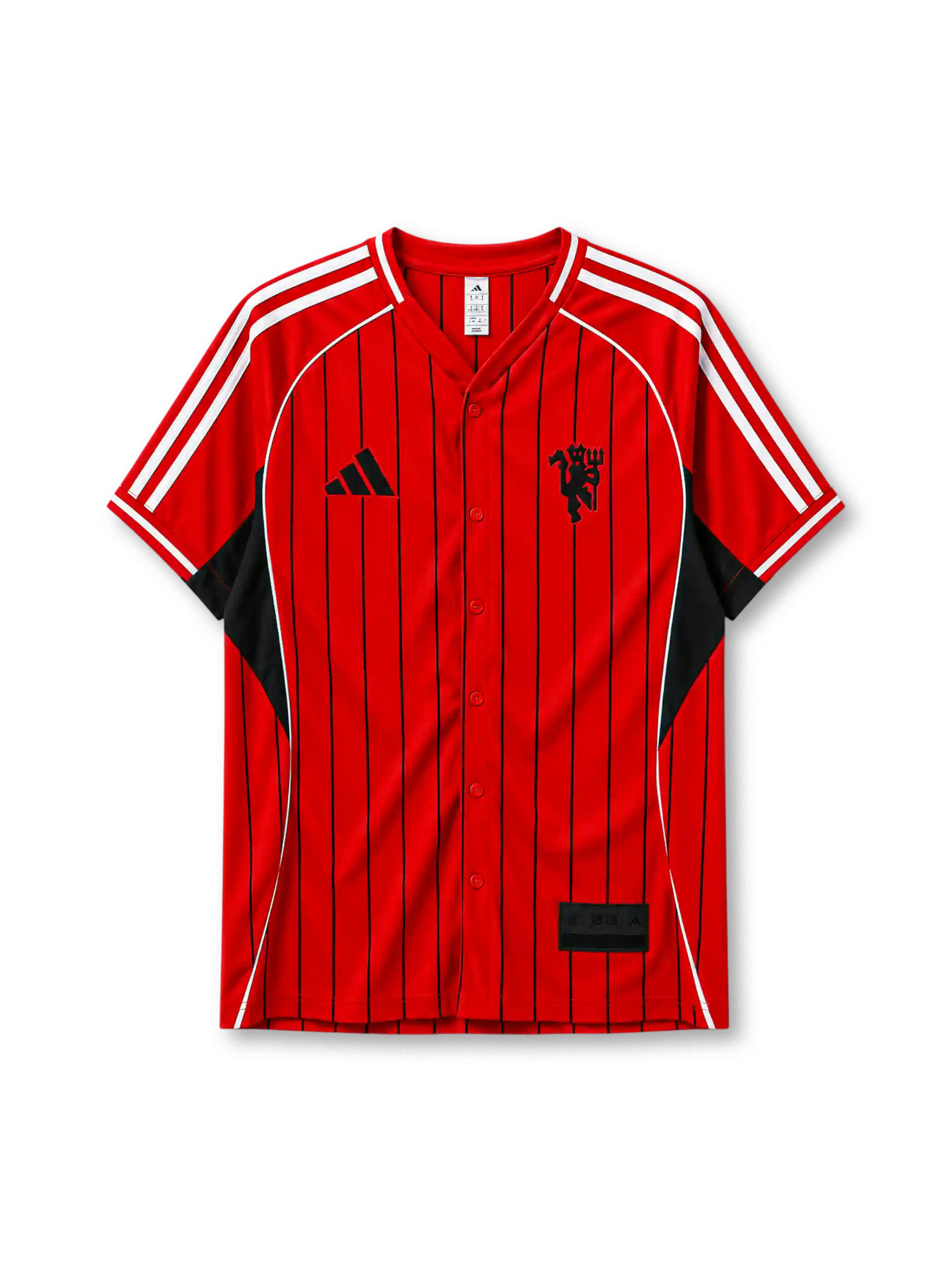 Manchester United 2025-26 baseball jersey adidas front view red black pinstripes