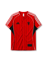 Manchester United 2025-26 baseball jersey adidas front view red black pinstripes