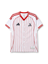Arsenal 2025-26 baseball jersey adidas front view white red pinstripes