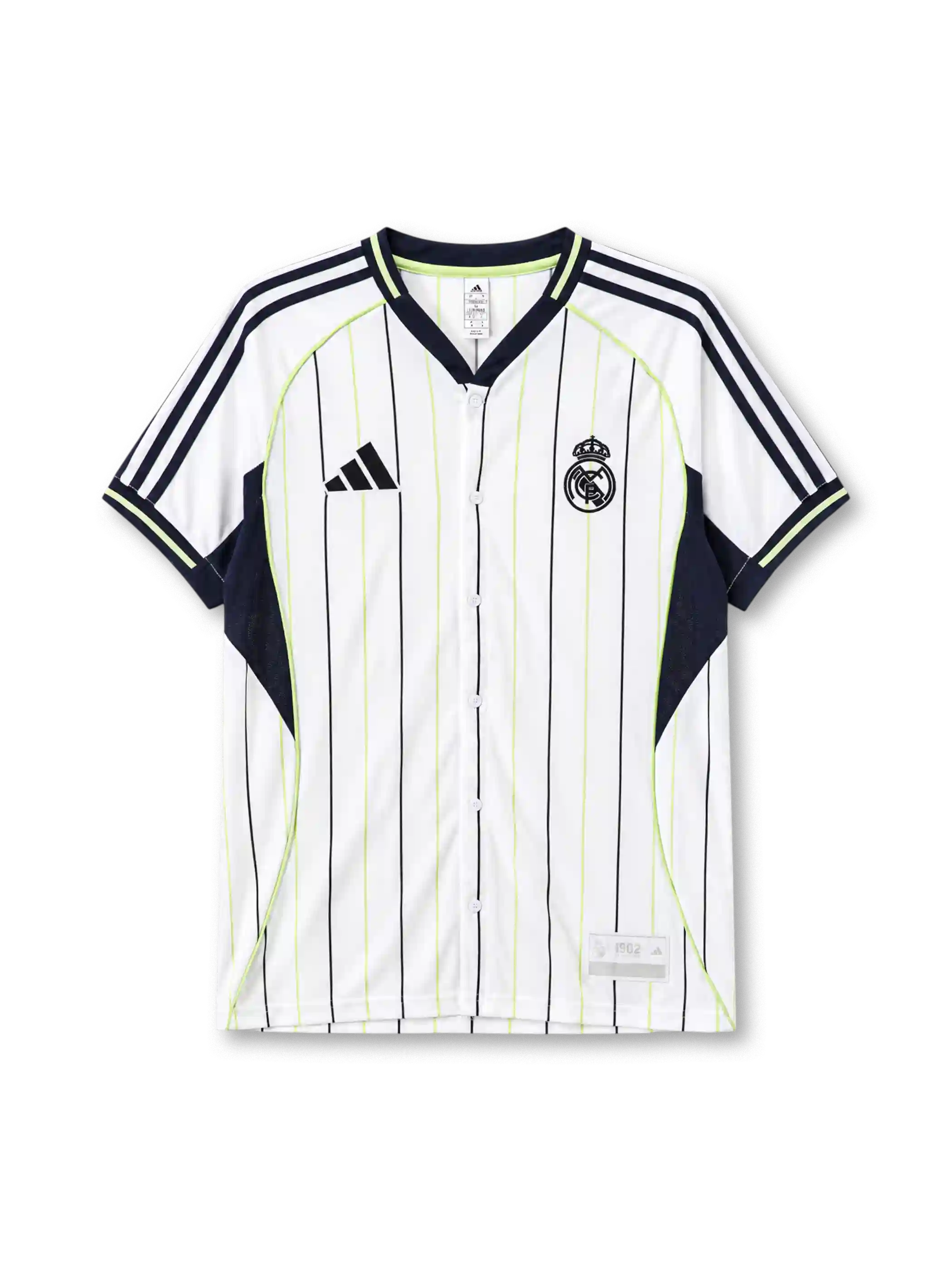 Real Madrid 2025-26 baseball jersey adidas front view white navy pinstripes