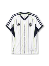 Real Madrid 2025-26 baseball jersey adidas front view white navy pinstripes