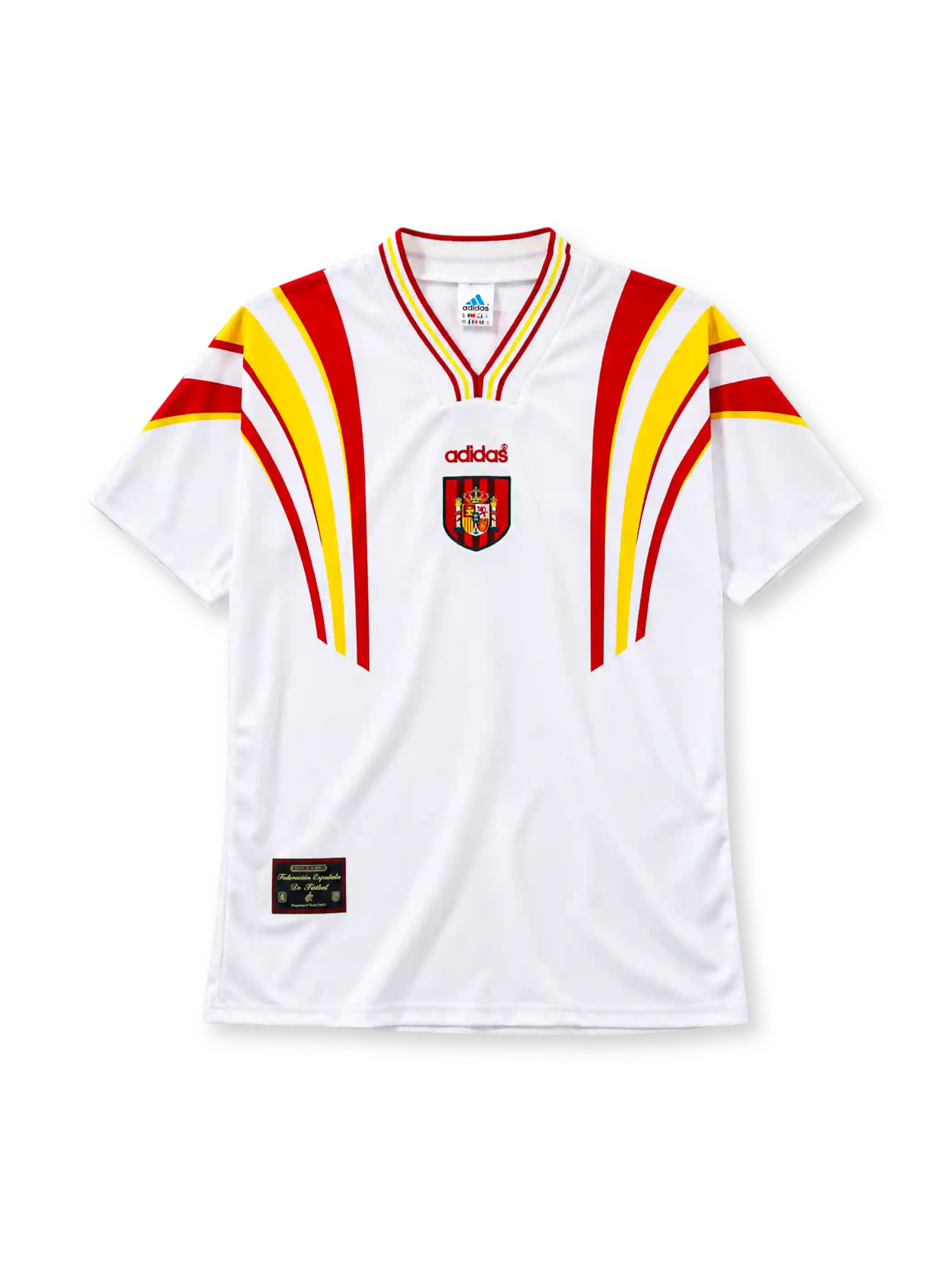 Spain 1996 away jersey adidas front view white red yellow stripes