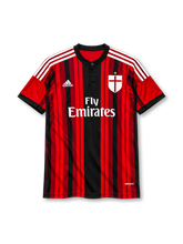 AC Milan 2014-15 home jersey in red and black stripes with Fly Emirates sponsor and button collar