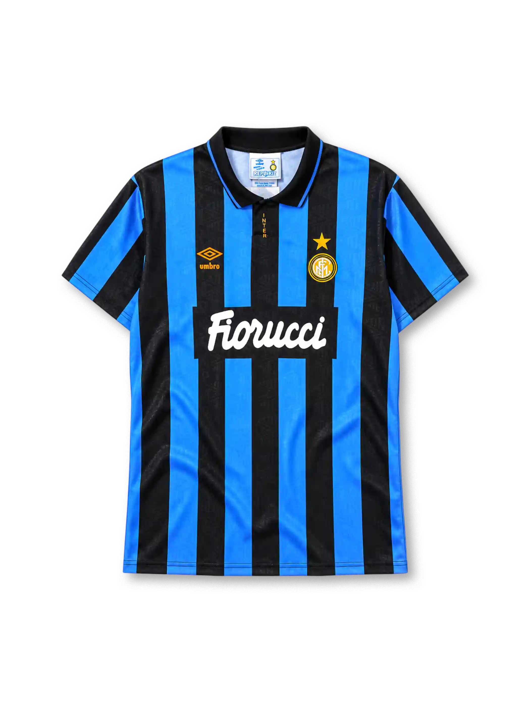 Inter Milan 1992-94 home jersey in blue and black stripes with Fiorucci sponsor and polo collar