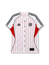 River Plate 2025 baseball-style jersey in white with red pinstripes and CARP crest