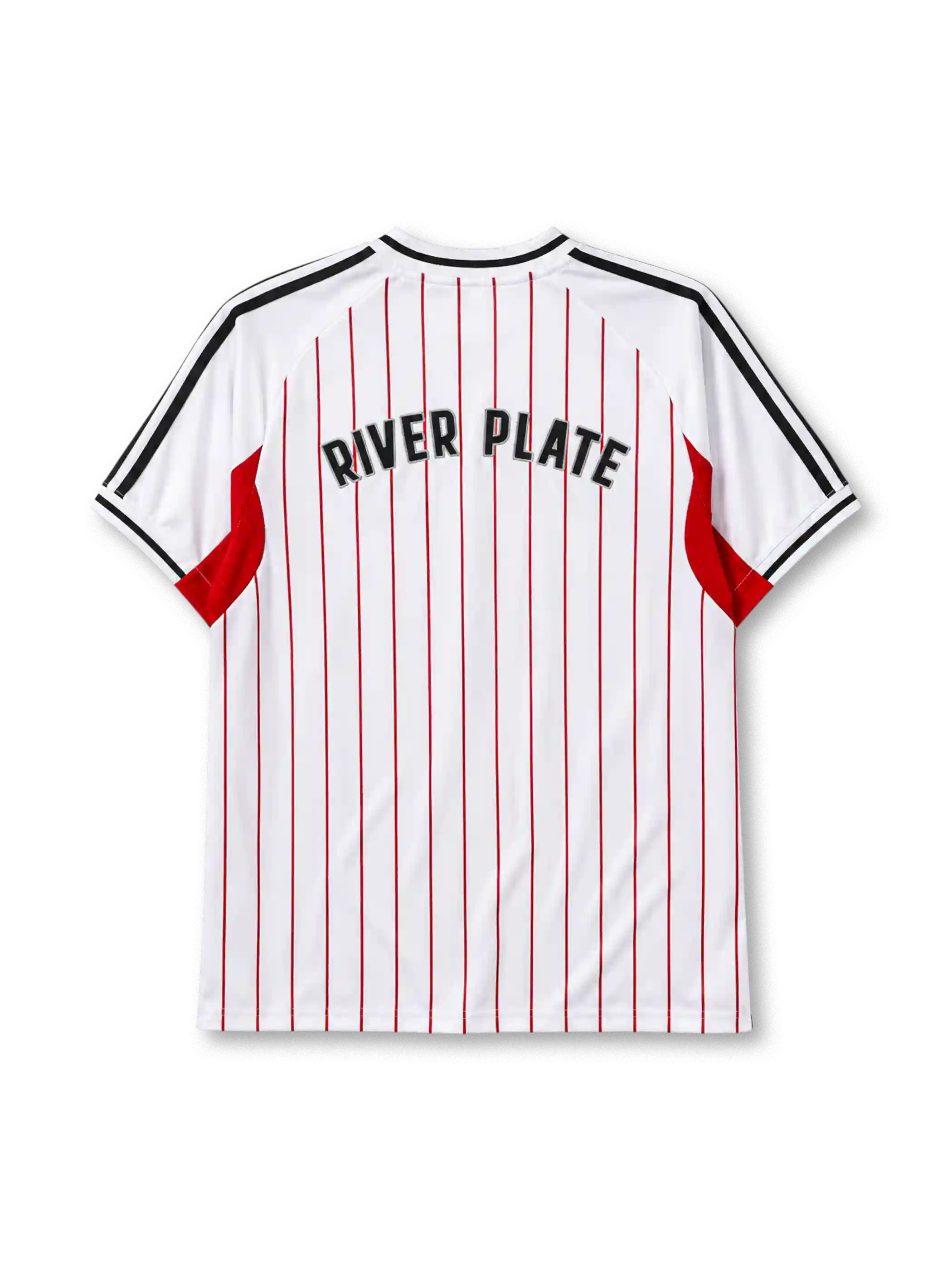 River Plate 2025 baseball-style jersey in white with red pinstripes and CARP crest