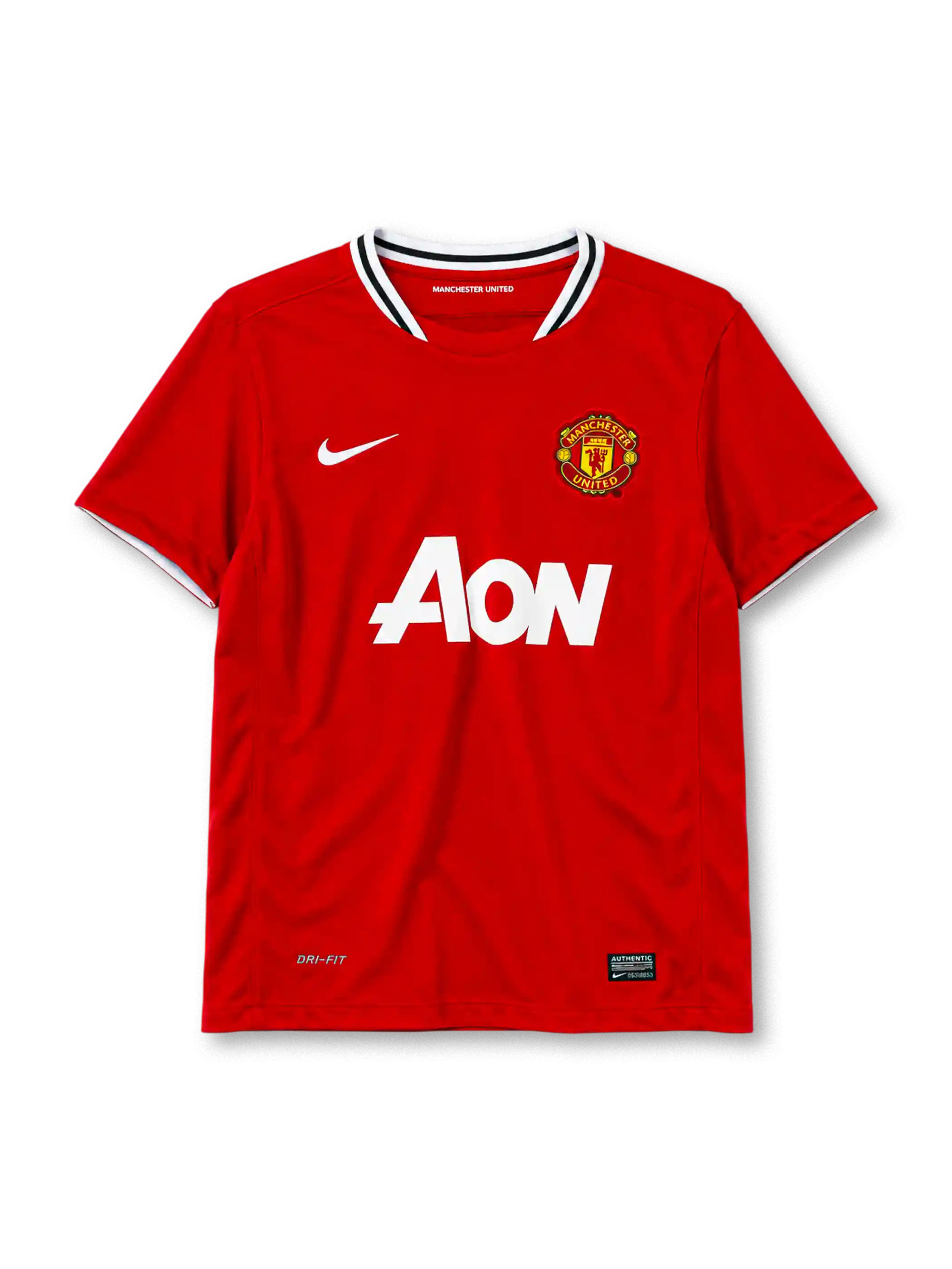 Manchester United 2011-12 home jersey in red with AON sponsor and striped ringer collar