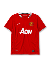 Manchester United 2011-12 home jersey in red with AON sponsor and striped ringer collar
