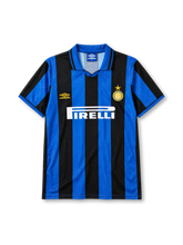Inter Milan 1995-96 home jersey in blue and black stripes with Pirelli sponsor and jacquard pattern