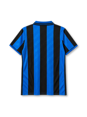 Inter Milan 1995-96 home jersey in blue and black stripes with Pirelli sponsor and jacquard pattern