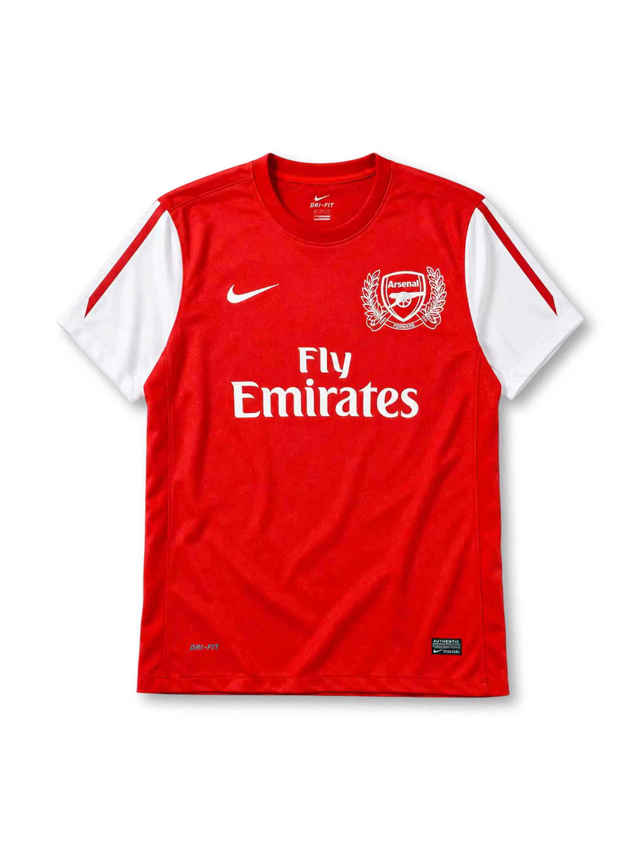 Arsenal 2011-12 home jersey in red with Fly Emirates sponsor and commemorative crest