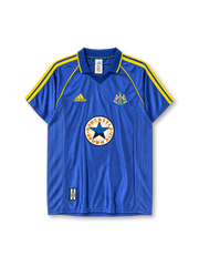 Newcastle United 1998-00 away jersey in blue with Newcastle Brown Ale sponsor and yellow stripes