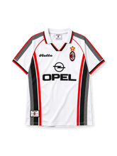 AC Milan 1997-98 away jersey in white with Opel sponsor and red black diagonal accents