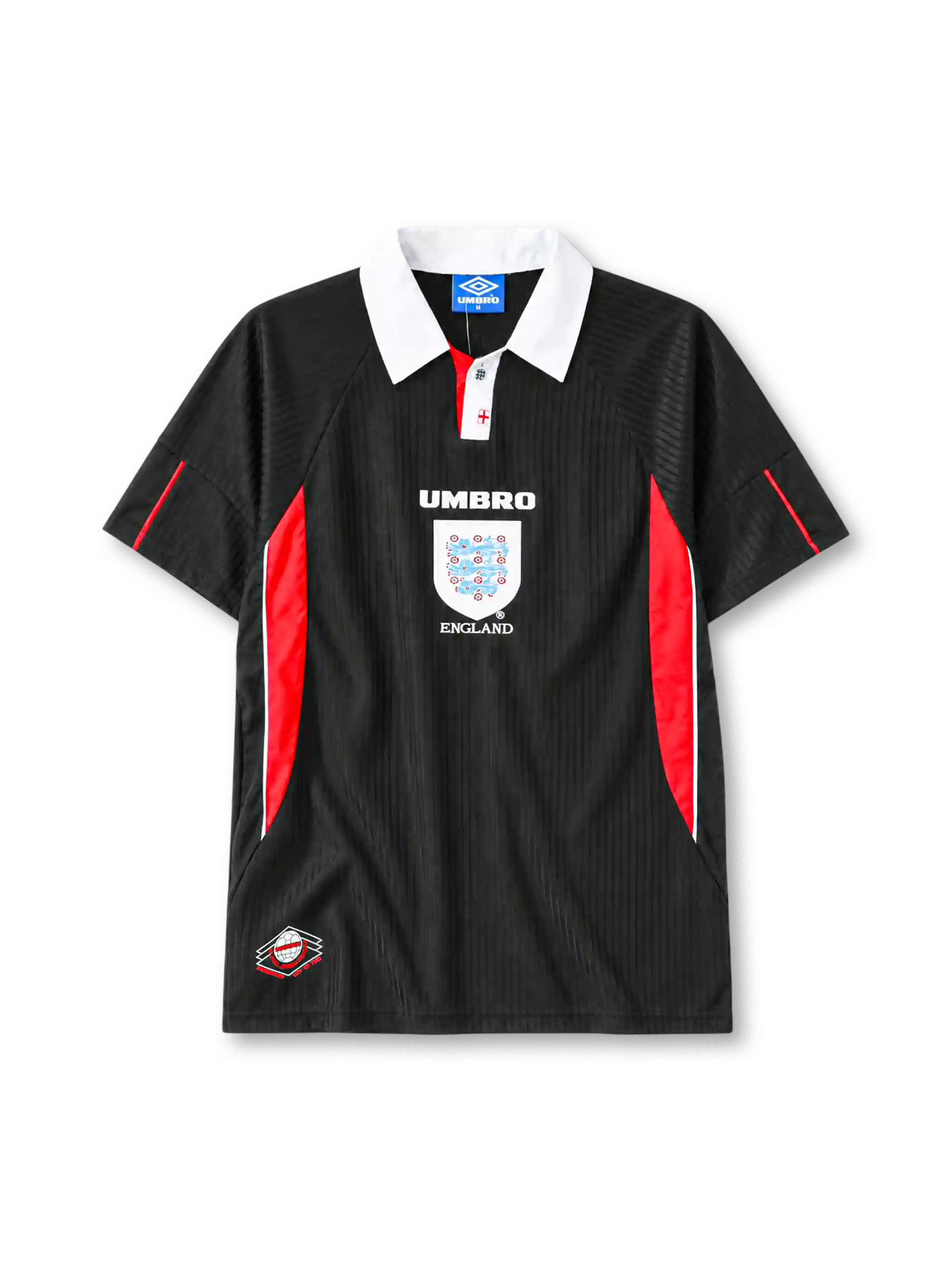 England 1998 third jersey Umbro front view black red panels