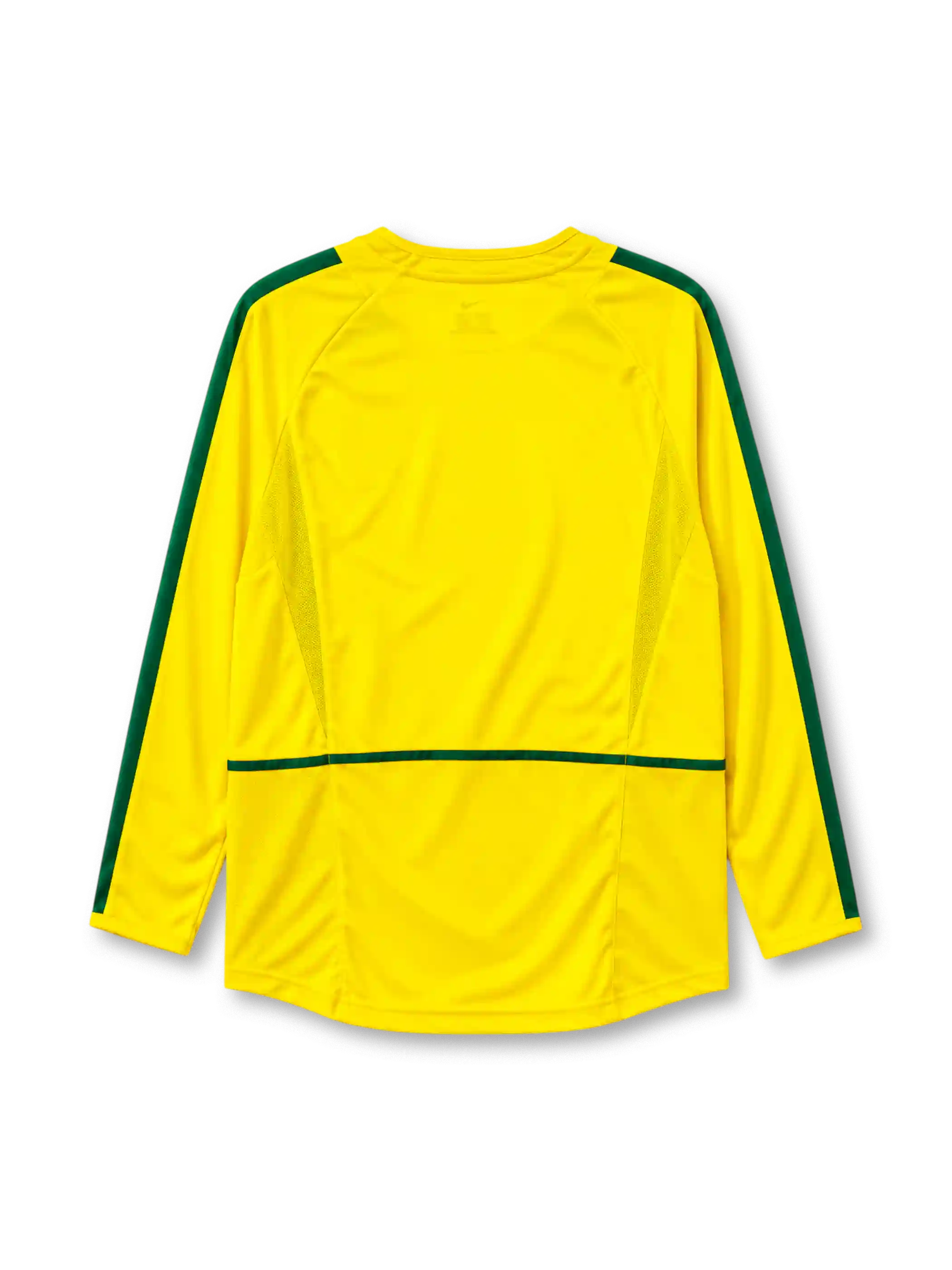 Brazil 2002 long-sleeve home jersey Nike front view yellow green panels
