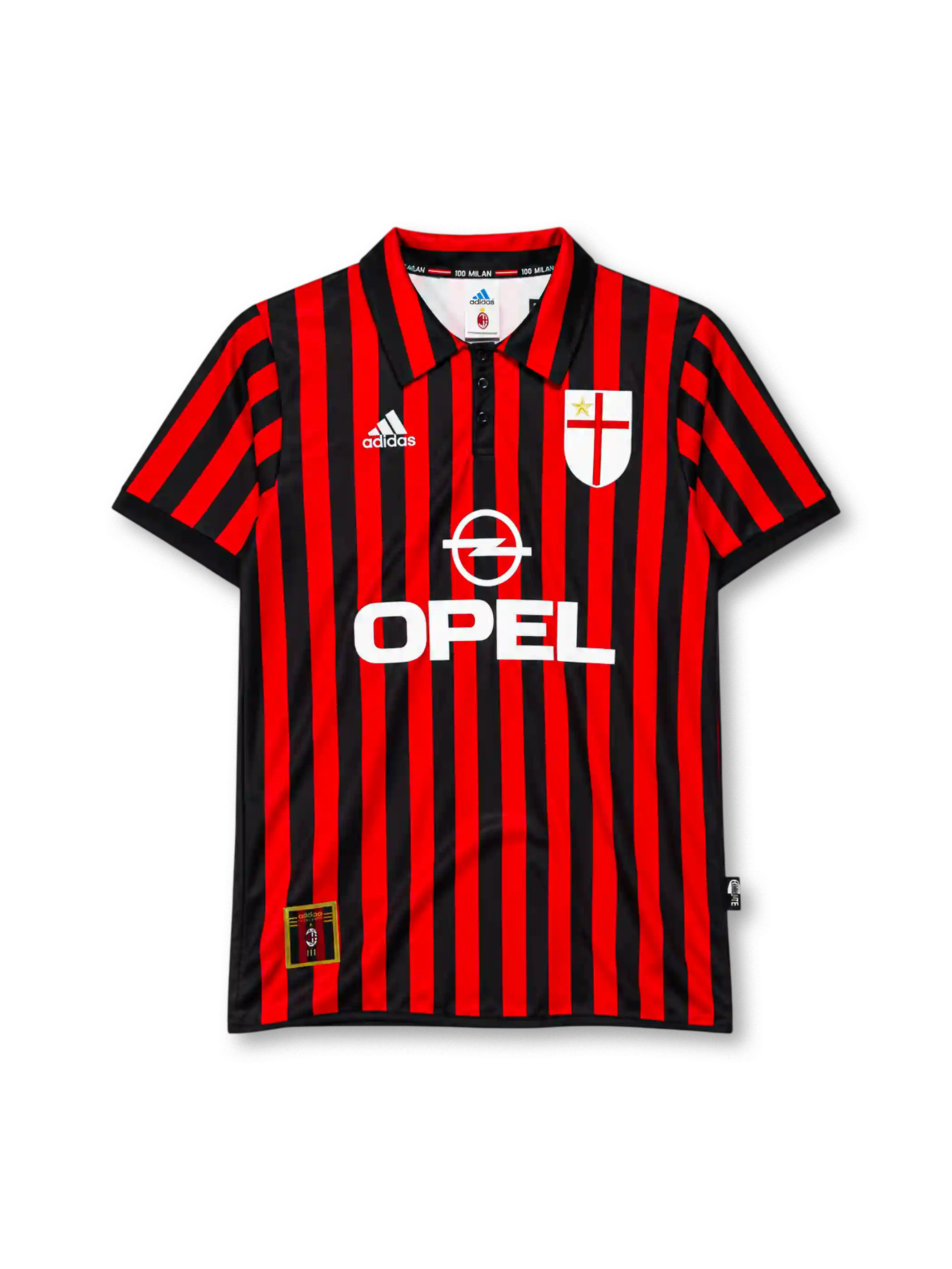 AC Milan 1999-2000 home jersey adidas front view red black stripes centenary