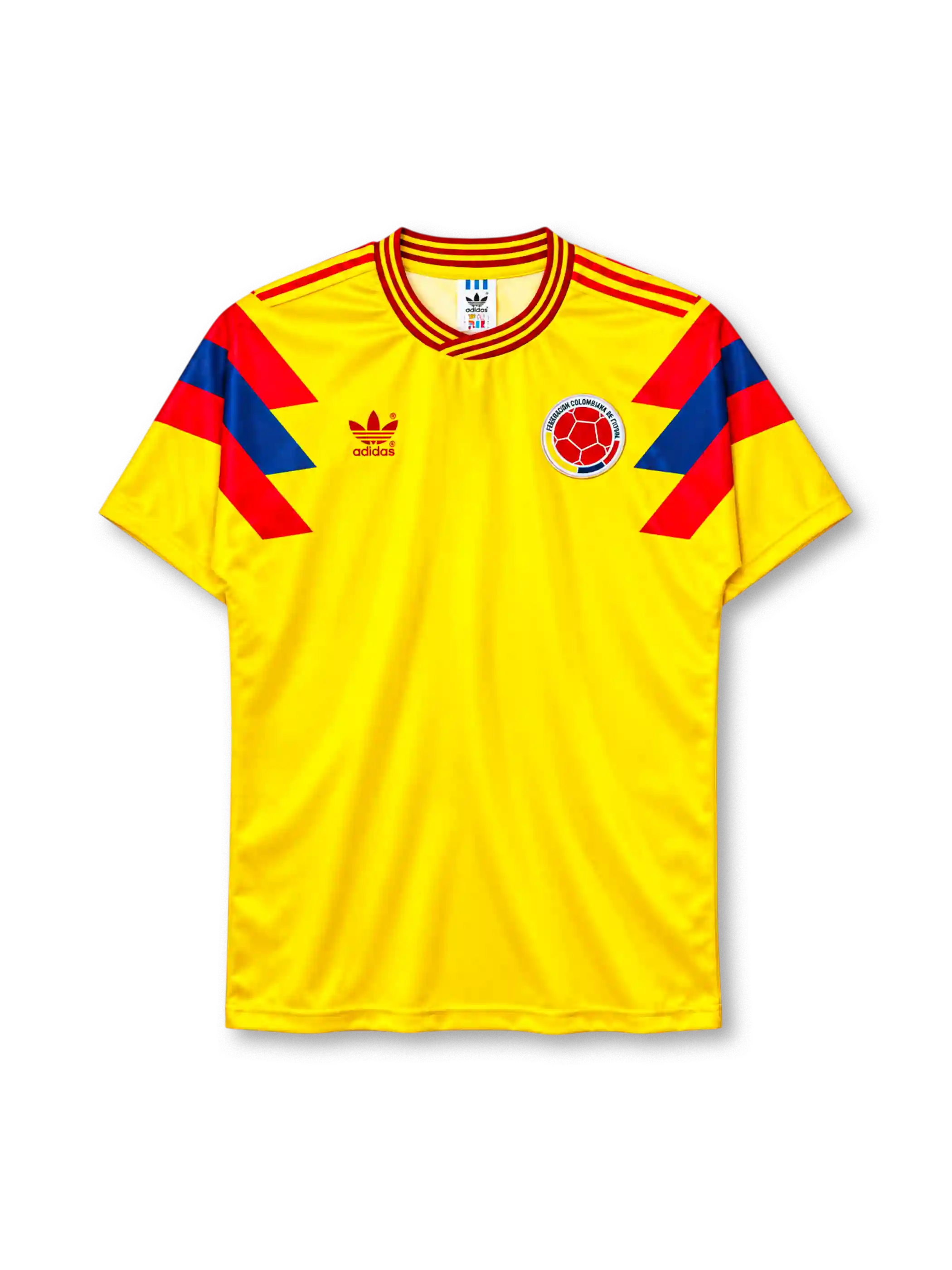 Colombia 1990 home jersey adidas front view yellow red blue panels