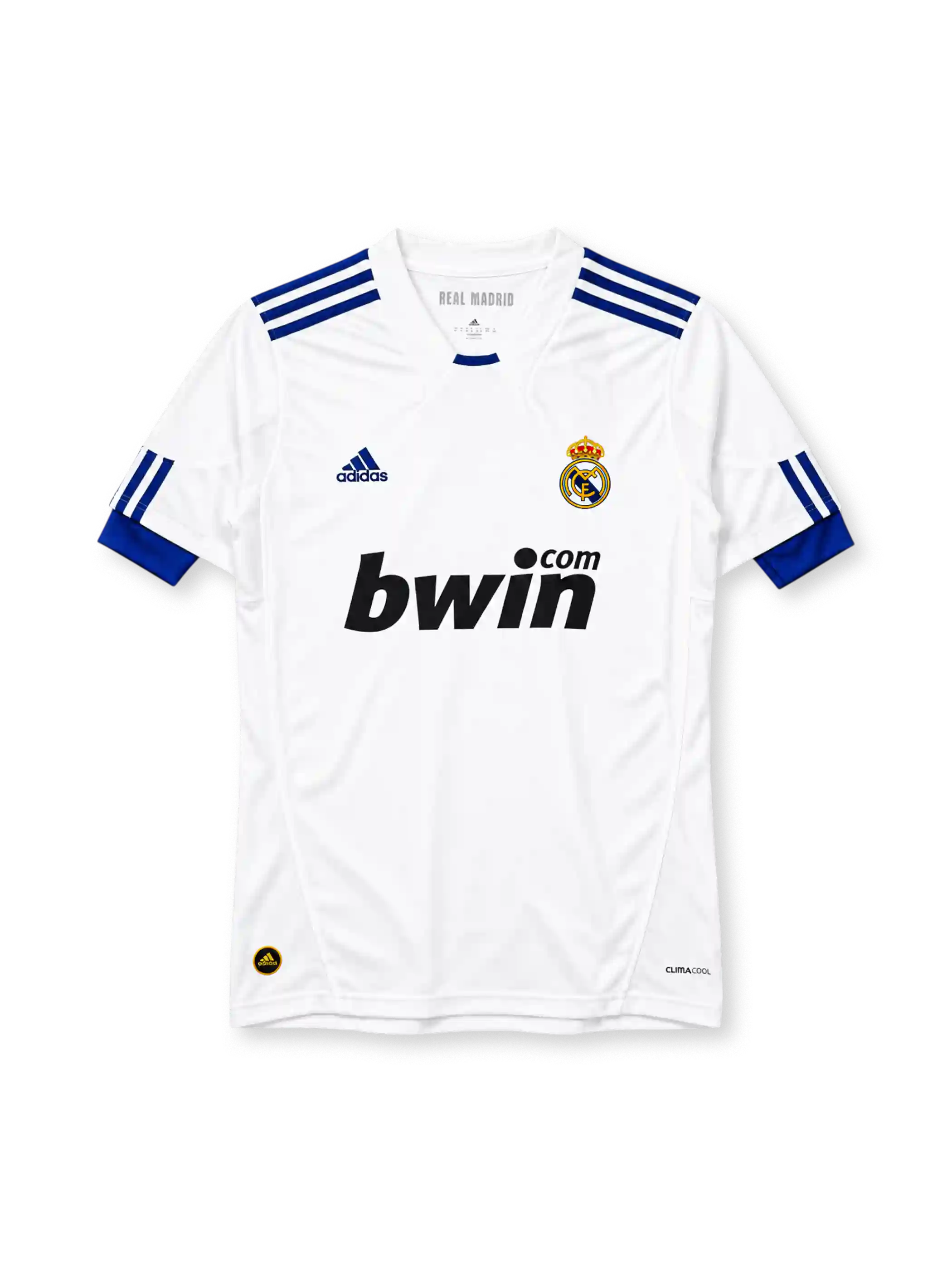 Real Madrid 2010-11 home jersey adidas front view white blue stripes bwin