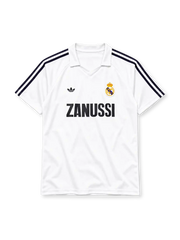 Real Madrid 1984-85 home jersey adidas front view white navy stripes Zanussi