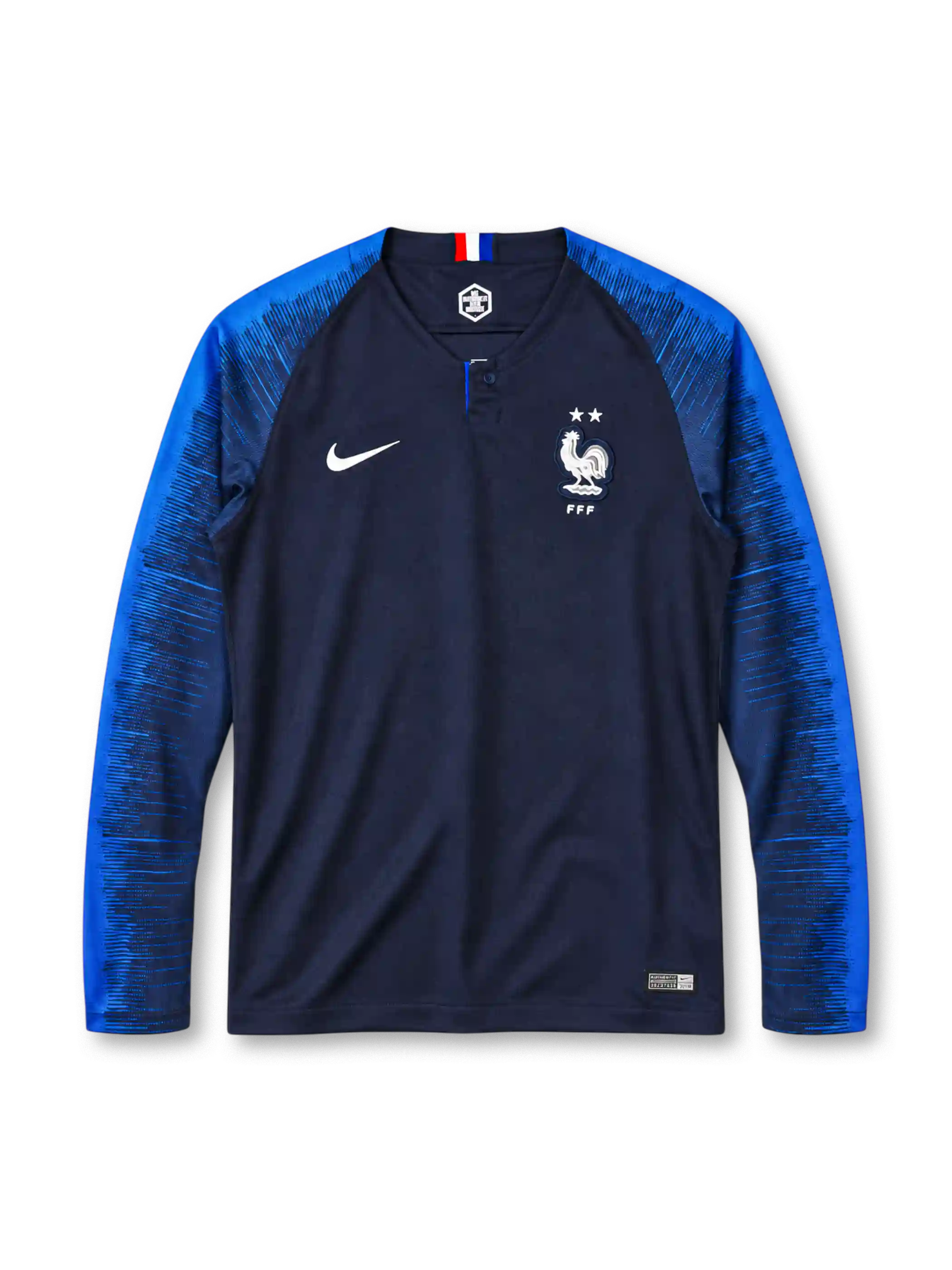 France 2018 long-sleeve home jersey Nike front view navy blue gradient sleeves