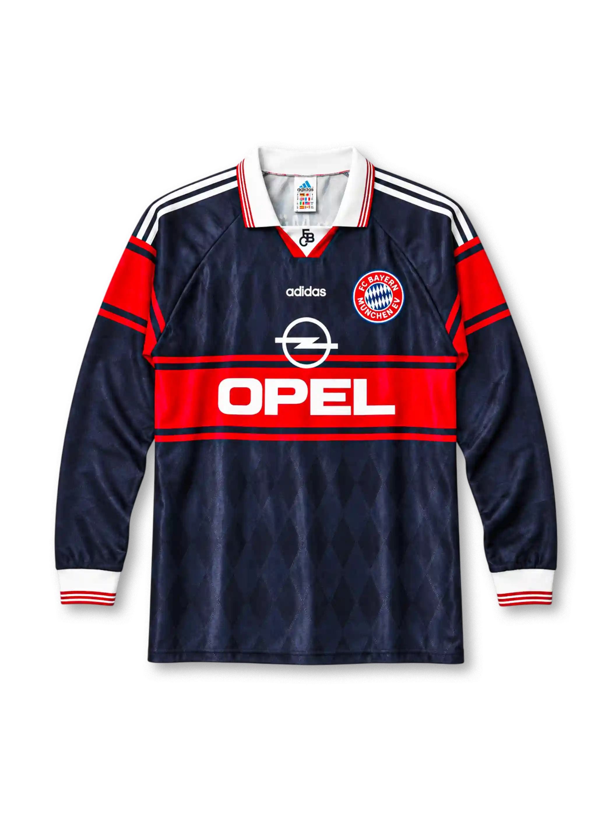 Bayern Munich 1997-99 long-sleeve home jersey adidas front view navy diamond pattern