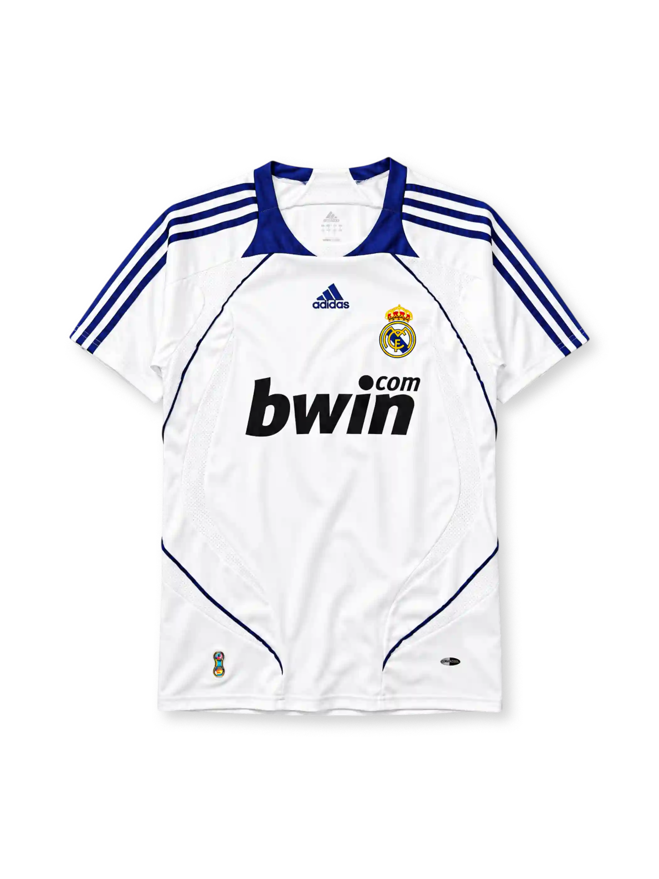 Real Madrid 2007-08 home jersey adidas front view white blue stripes