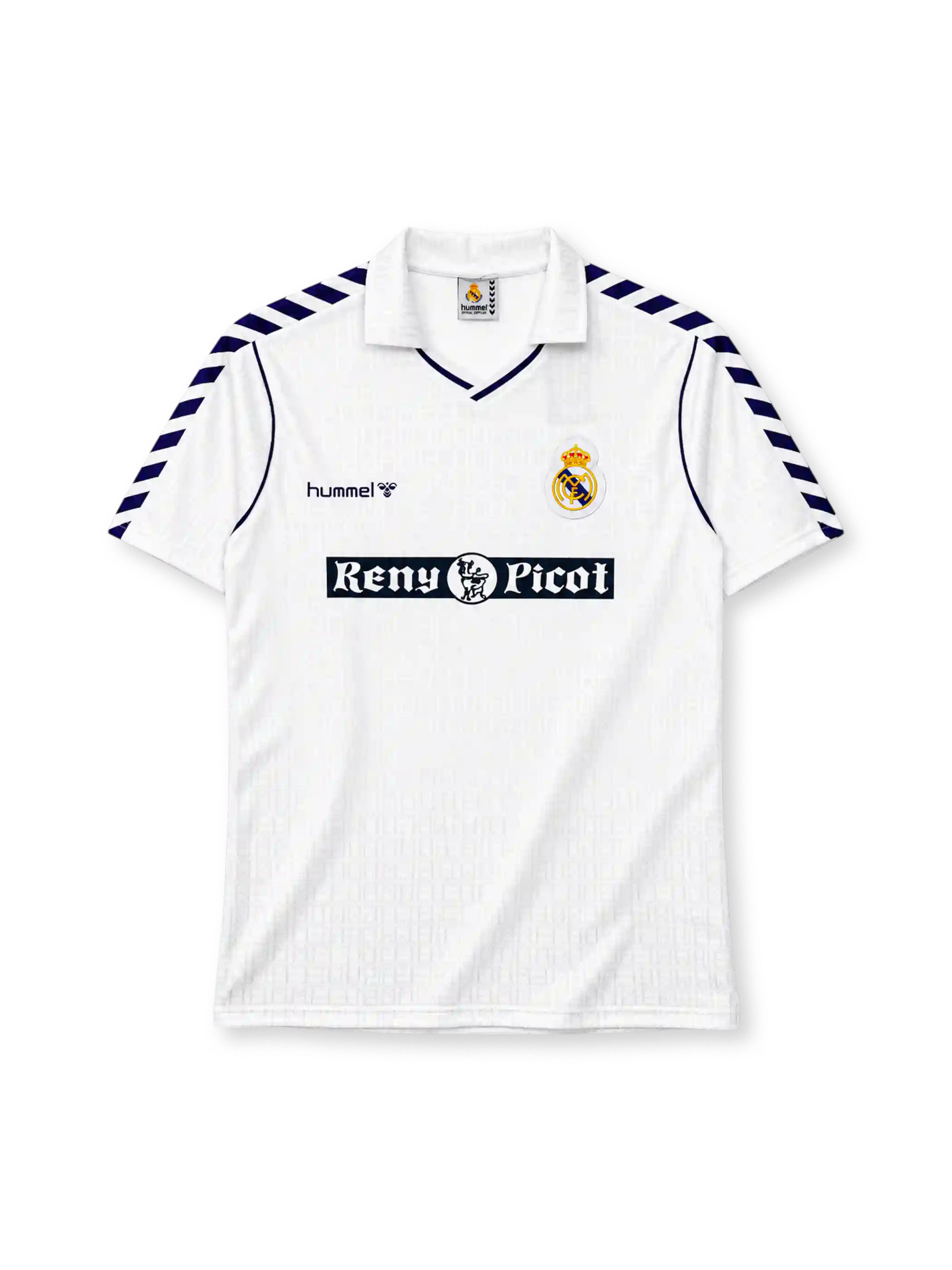 Real Madrid 1988-90 home jersey Hummel front view white chevron sleeves