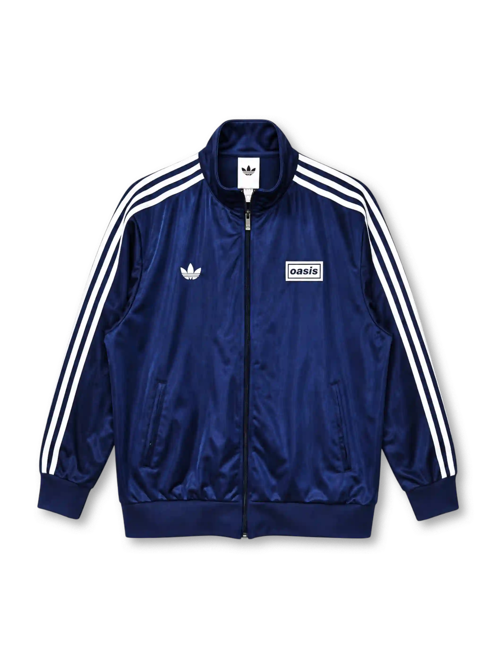 adidas x Oasis Firebird track top navy front view with white three stripes, trefoil logo, and oasis wordmark patch