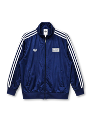 adidas x Oasis Firebird track top navy front view with white three stripes, trefoil logo, and oasis wordmark patch