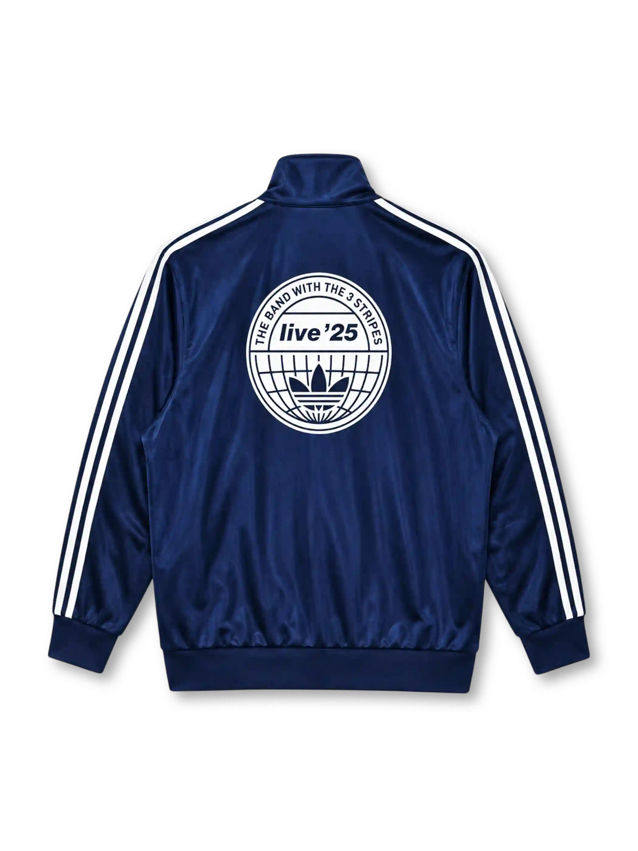 adidas x Oasis Firebird track top navy front view with white three stripes, trefoil logo, and oasis wordmark patch