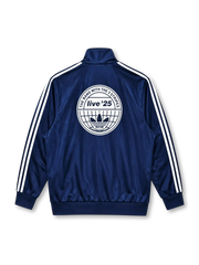adidas x Oasis Firebird track top navy front view with white three stripes, trefoil logo, and oasis wordmark patch