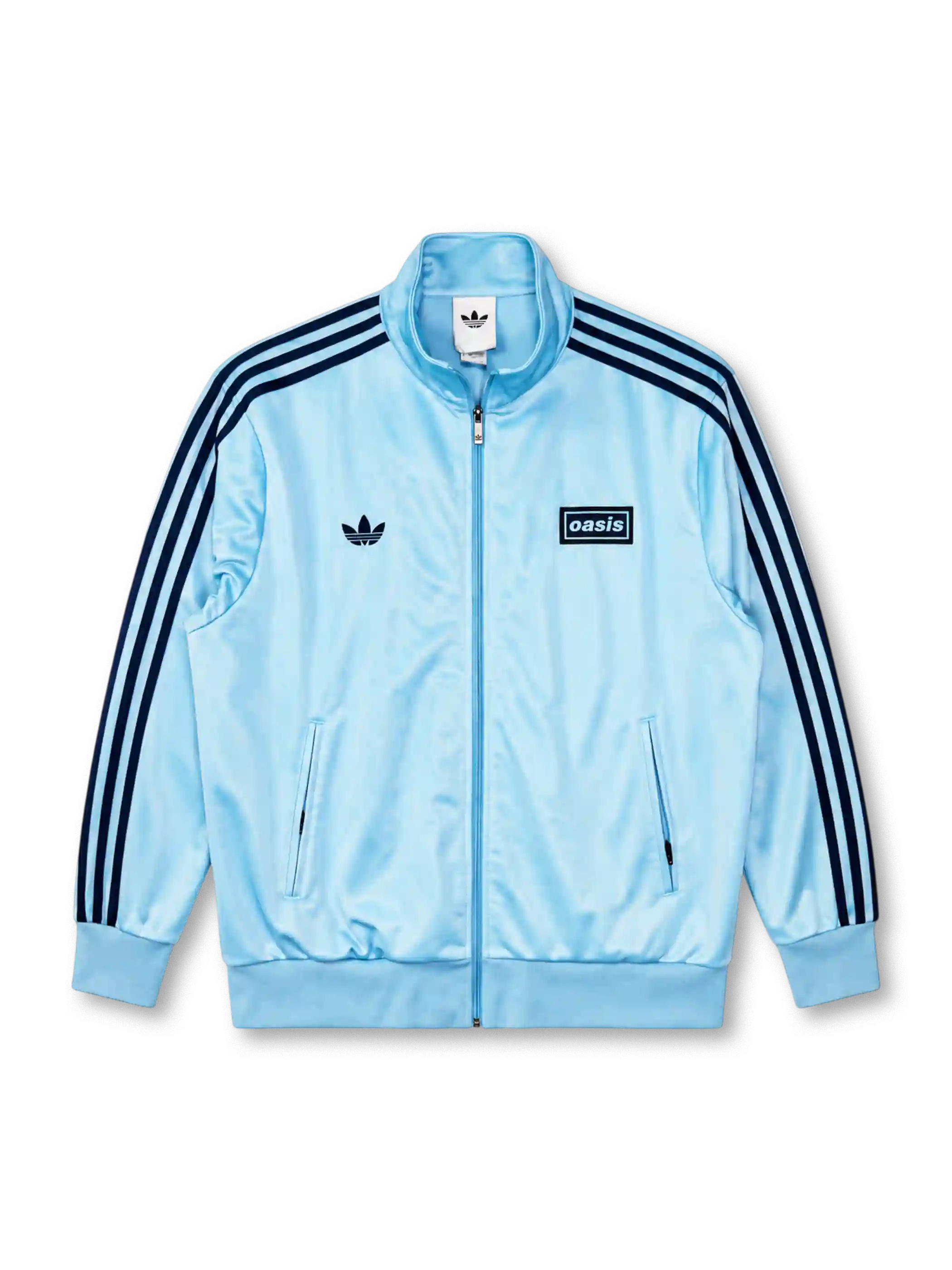 adidas x Oasis Firebird track top sky blue front view with navy three stripes, trefoil logo, and oasis wordmark patch
