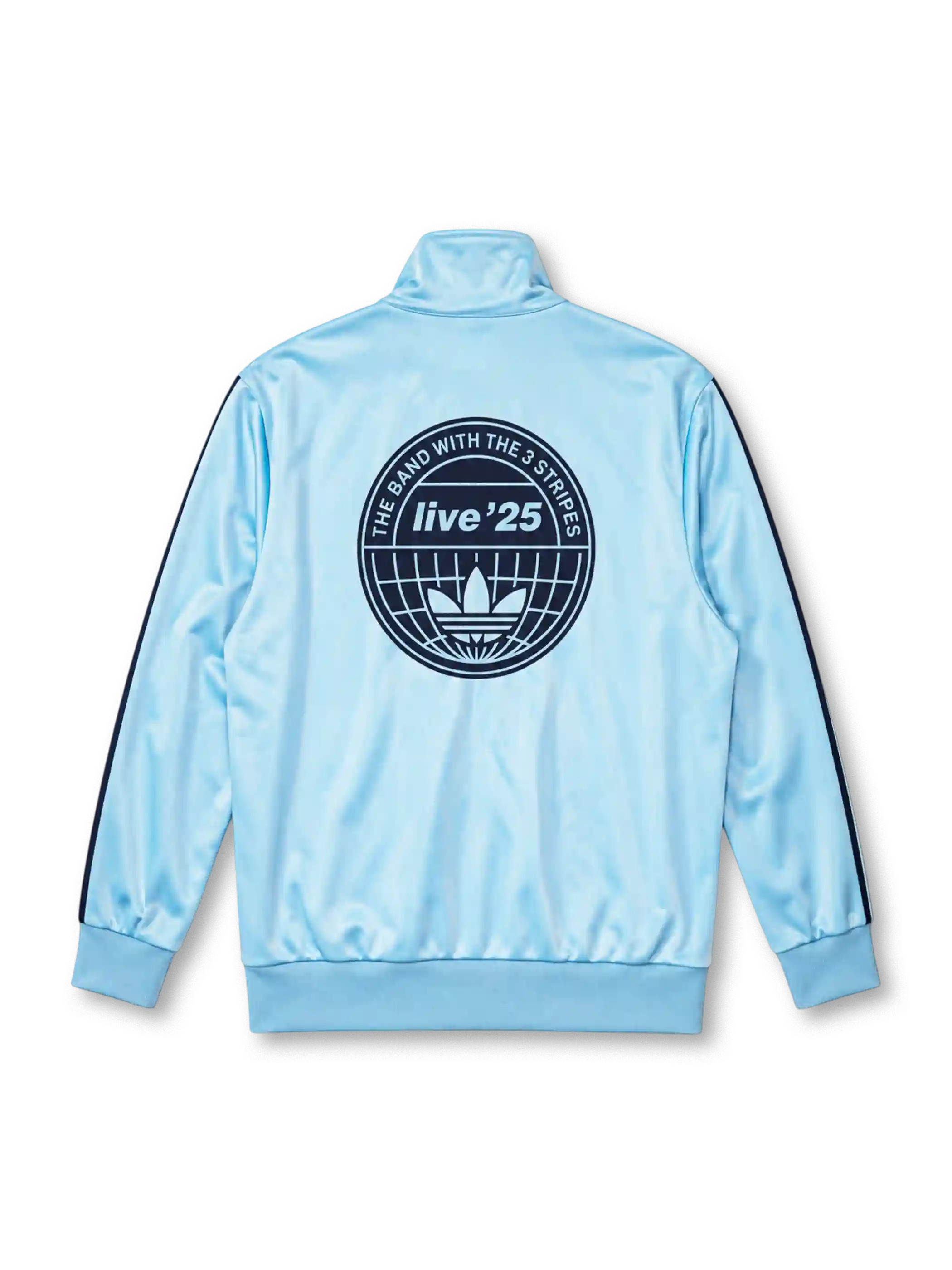 adidas x Oasis Firebird track top sky blue front view with navy three stripes, trefoil logo, and oasis wordmark patch