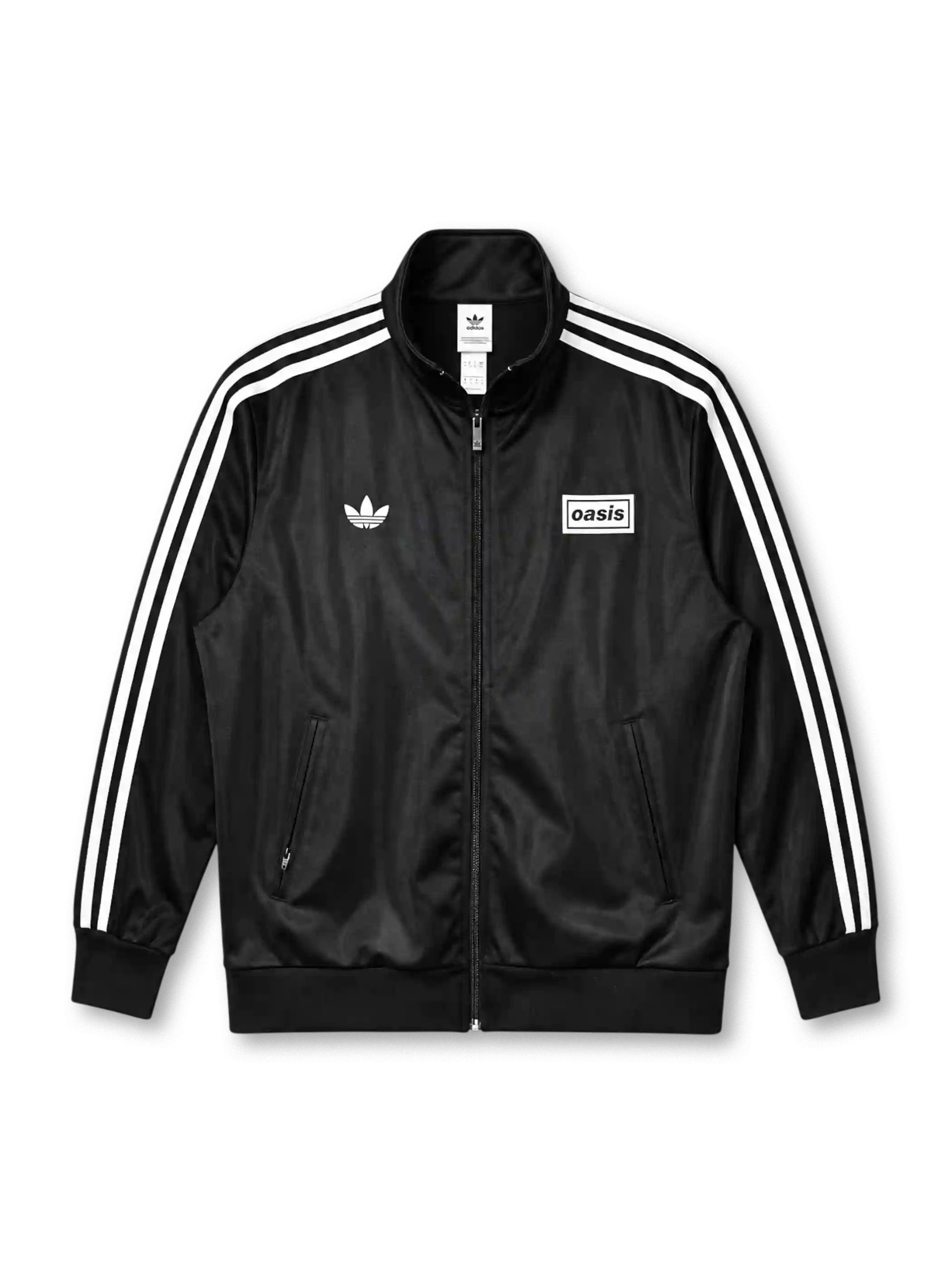 adidas x Oasis Firebird track top black front view with white three stripes, trefoil logo, and oasis wordmark patch
