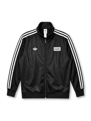 adidas x Oasis Firebird track top black front view with white three stripes, trefoil logo, and oasis wordmark patch