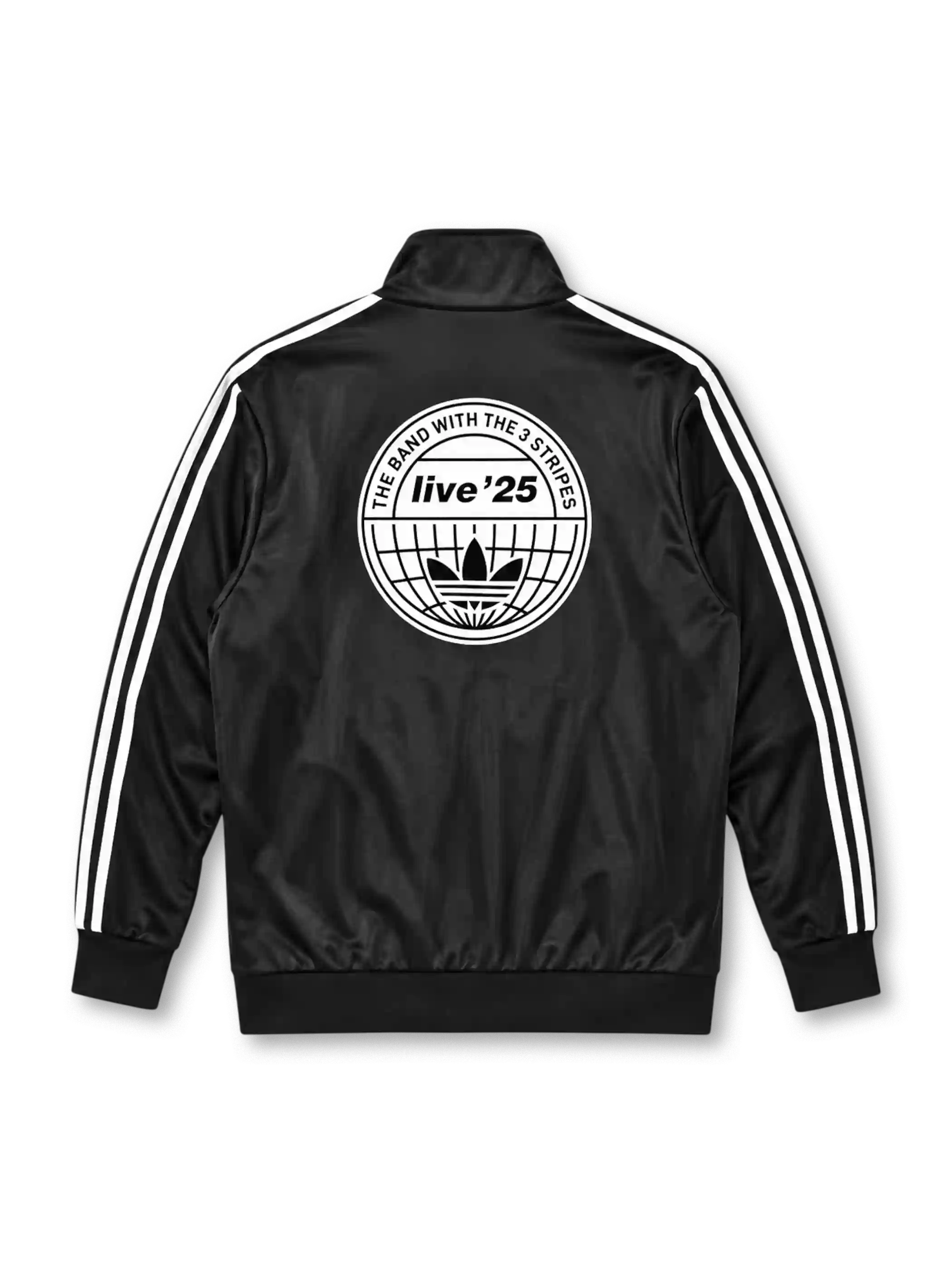 adidas x Oasis Firebird track top black front view with white three stripes, trefoil logo, and oasis wordmark patch